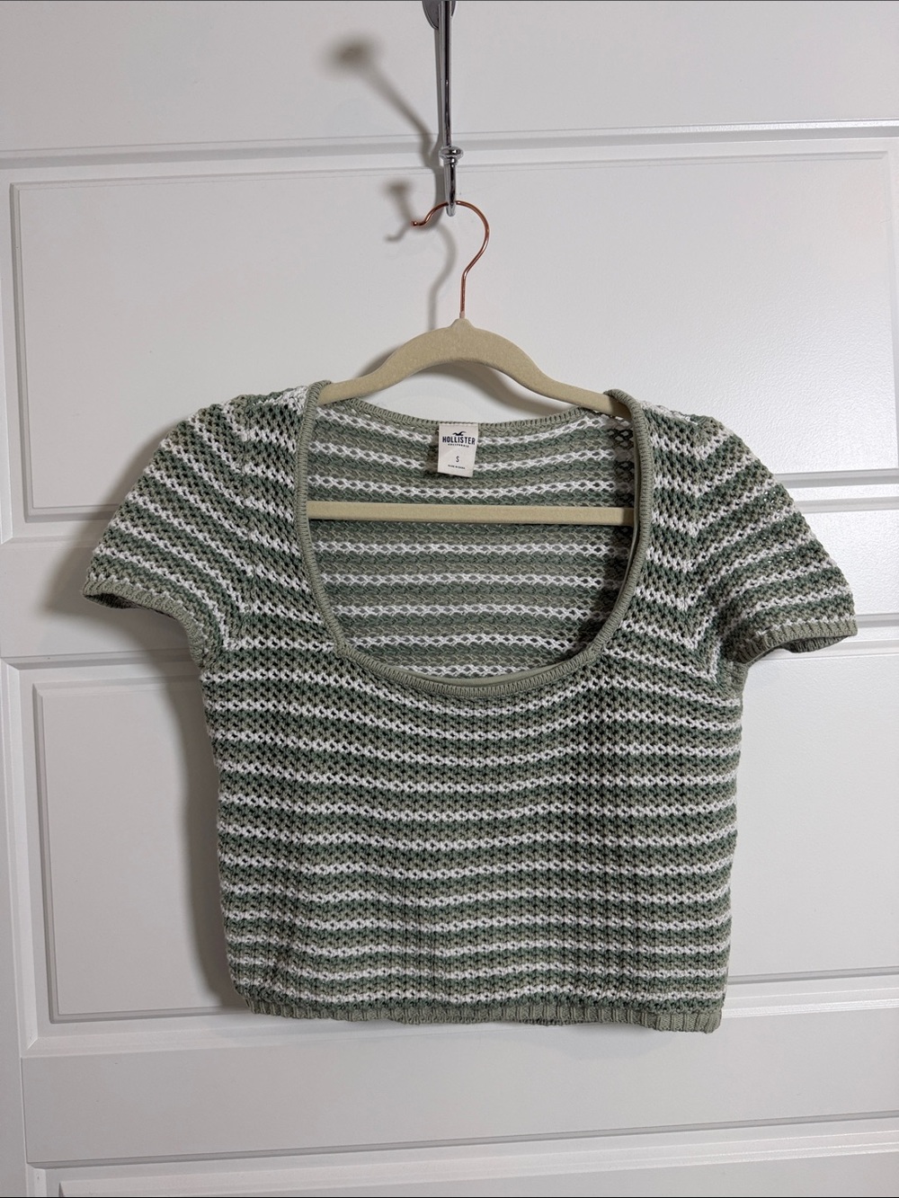 Hollister Olive Green & White Striped Cropped Knit Scoop Neck Top